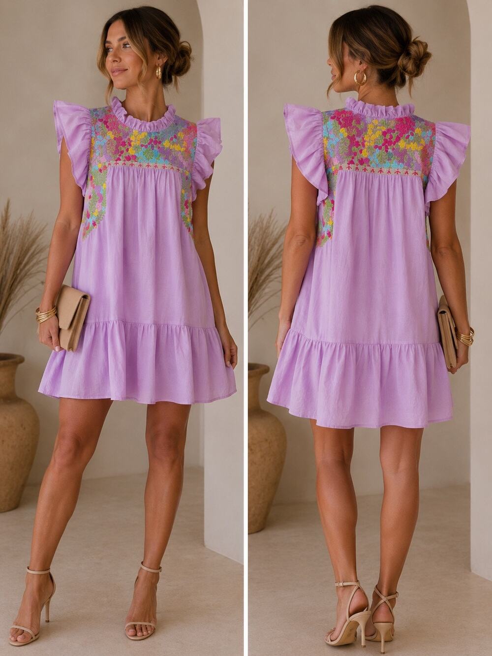 J. Marie Harlyn Embroidered Floral Flutter Sleeve Tiered Mini Dress Purple Med